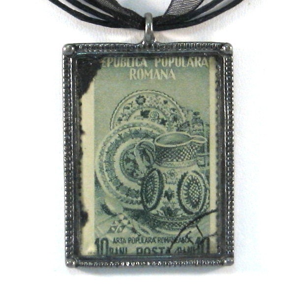 Vintage Romana Postage Stamp Necklace Pendant