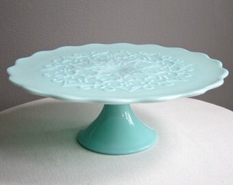 Green Pastel Milk Glass Pedestal Cake Stand -- Spanish Lace by Fenton Mint Green 1950s