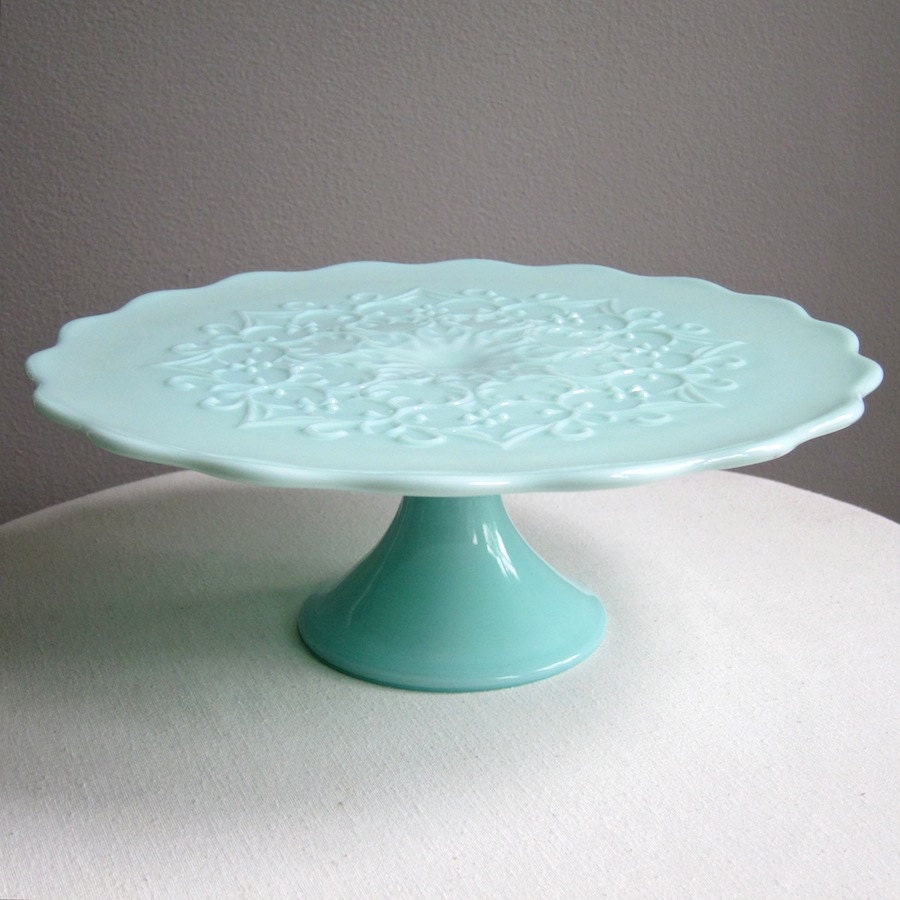 Green Pastel Milk Glass Pedestal Cake Stand -- Spanish Lace by Fenton Mint Green 1950s