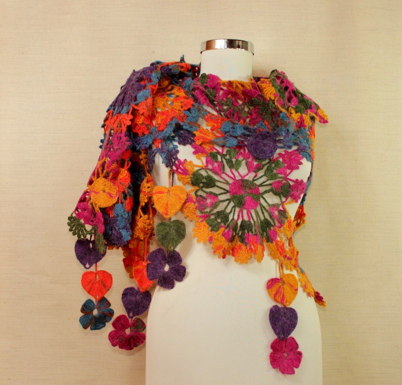 Rainbow's Glare / Crochet Shawl Flowers Shawl Multicolor Neck Warmer Scarf  Pink Purple Yellow Green Blue Bridesmaid Wedding Accessory Shawl