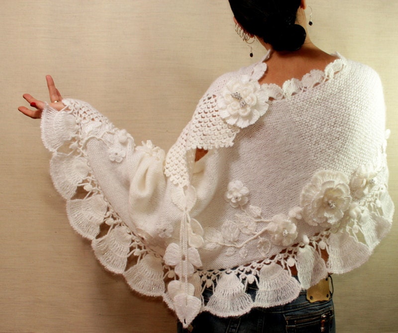 Roman Holiday / White Crochet Shawl Wrap Knit Bridal Shawl Shrug Swarovski Crystal 3D Flowers Embroidery Bridal Accessories By Lilithist