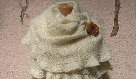 Off White Dralon, Alpaca Ruffle Shawl with Crochet Flower READY To Ship, Express Delivery