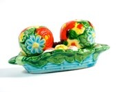 Floral Salt & Pepper Shakers in Basket Tray - Made in Japan