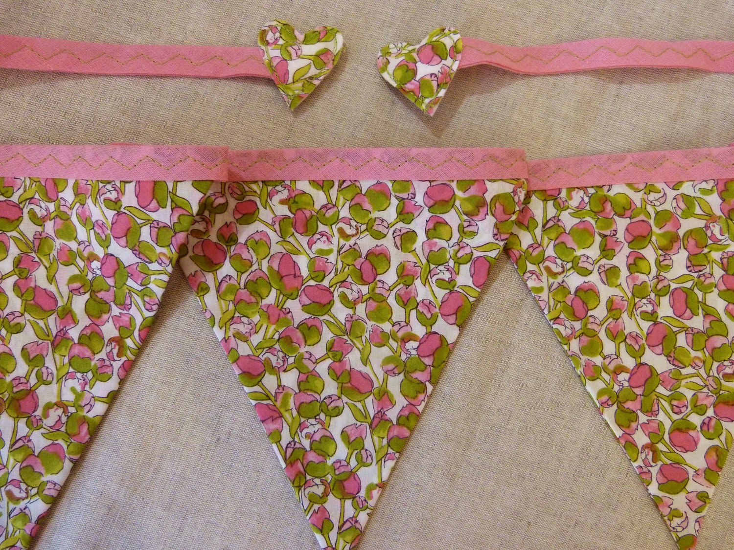 Liberty of London bunting banner : pink & green rosebud fabric Over 8 ft long (excl. ties) with 12 flags READY TO SHIP Il_570xn