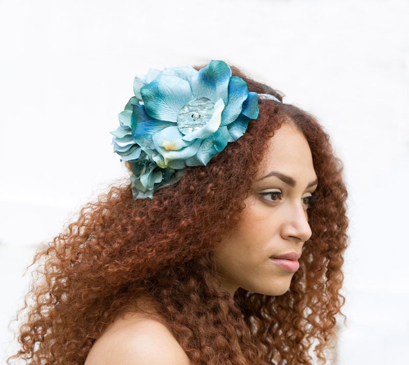 Turquoise Rose Silver Elastic Headband with Leaves - neesiedesigns