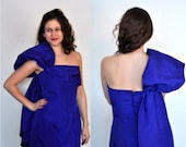 One Shoulder Dress Bombshell 80s COBALT BLUE Eighties Mini Asymmetrical Puff Sleeve 1980s Prom Bright Pencil Womens Size Medium (4/6)
