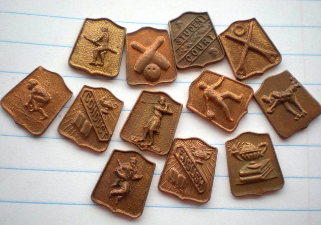 SALE 12pc Vintage Copper School Charm Medals Patina