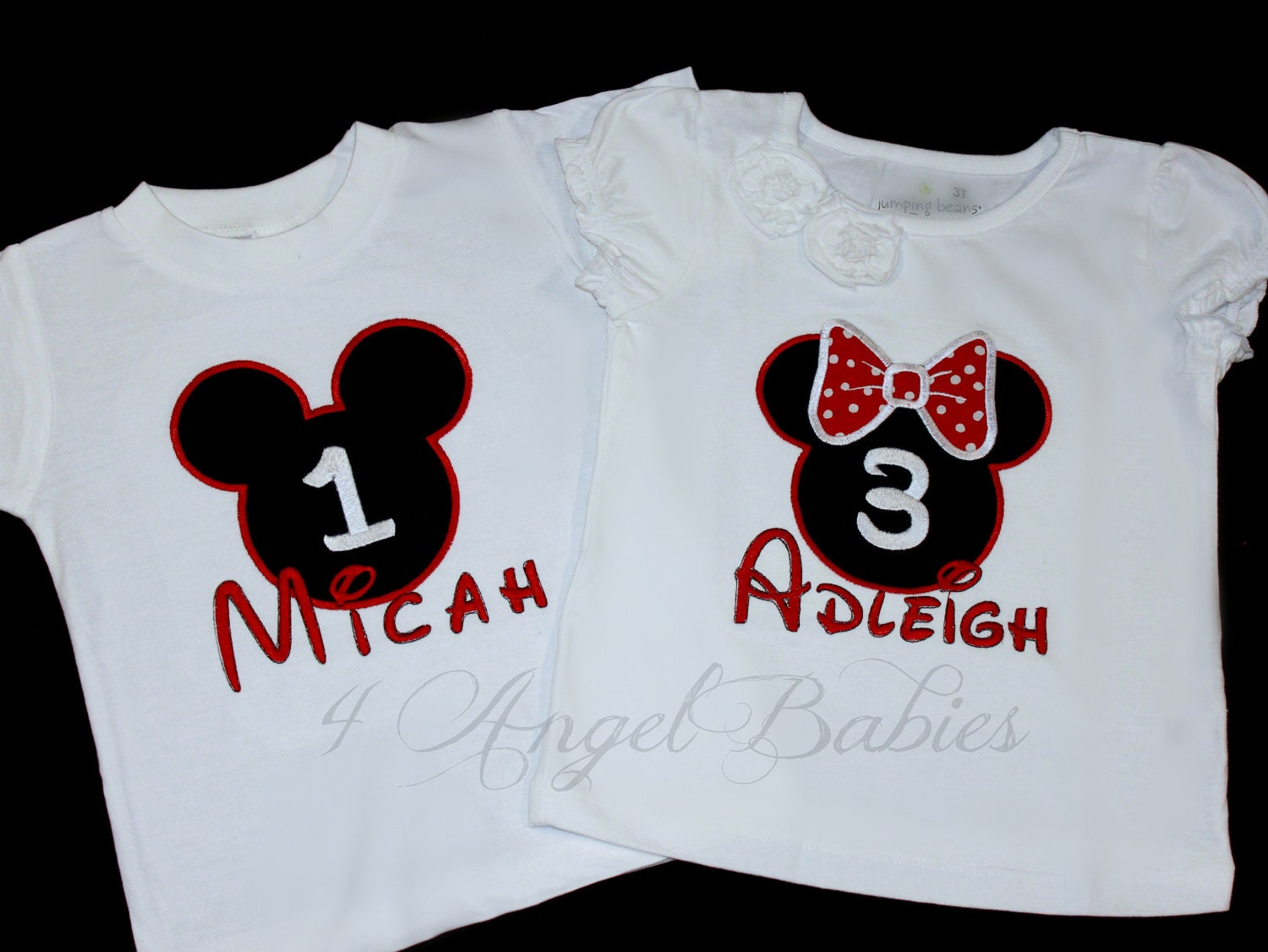 Custom MINNIE or MICKEY MOUSE Inspired Adult, Sibling Red & Black Applique Shirt for Boys or Girls First Birthday Over 125 Fabric choices
