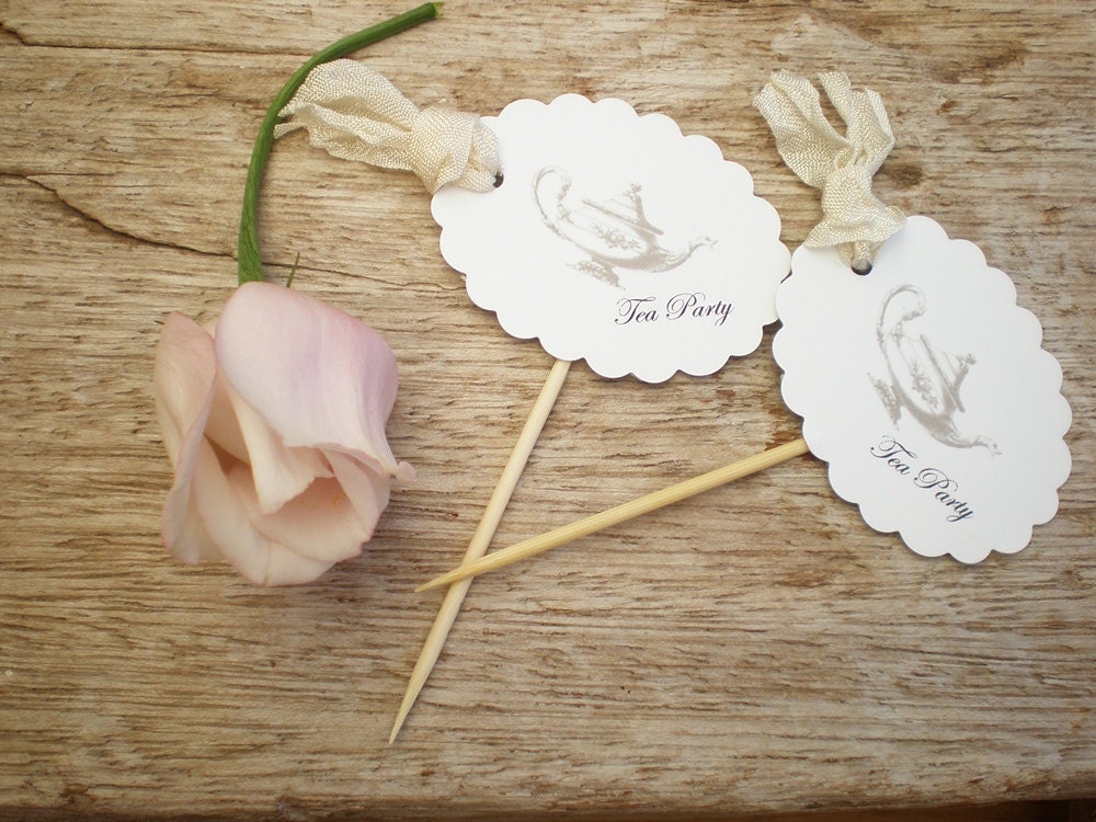 Vintage Style Silver Tea Pot, Tea Party Cupcake Picks - Tea Party Decorations - Set Of 10