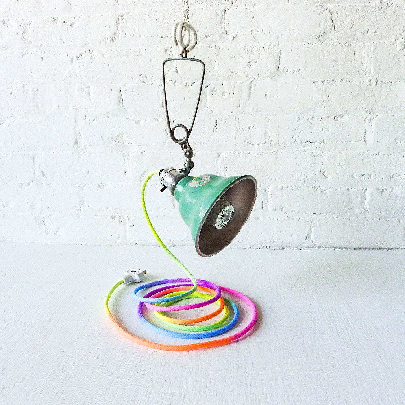 Industrial Mint Clip Clamp Lamp -  Hand Dyed Neon Ombre Pastel Rainbow Cloth Color Cord