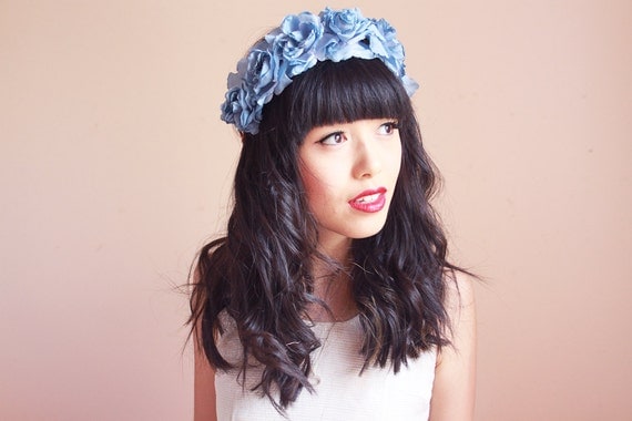 pastel blue Floral rose crown - santa monica, festival crown, woodland, nature, oversize, statement, headband, headpiece.