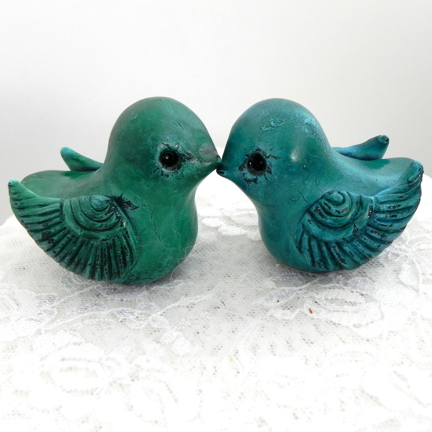 Shabby Chic Love Birds, Wedding Cake Topper, Peacock Colors, Emerald Green and Turquoise, Bride and Groom, Home Decor