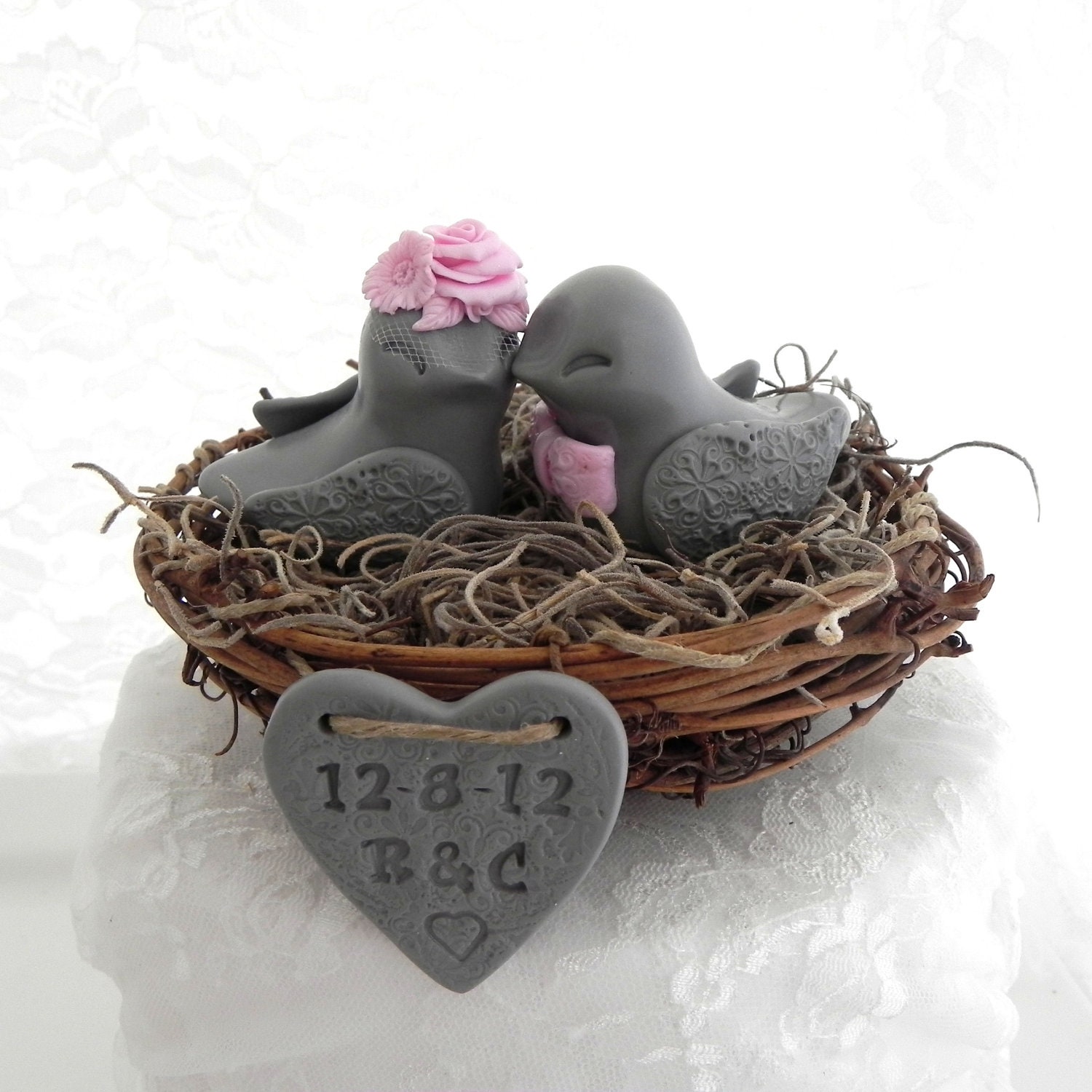 Rustic Wedding Cake Topper - Pale Pink and Grey, Love Birds in Nest - Personalized Heart - Bride and Groom - Simple and Elegant - LavaGifts