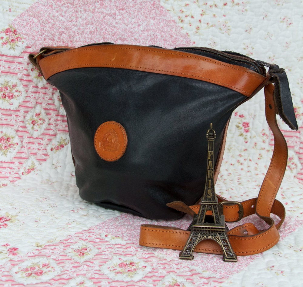 Mirabella, French Vintage, 1970s Black and Tan Leather Satchel, Messenger, Crossbody Handbag from Paris