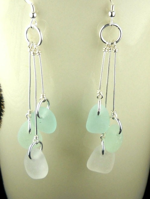 GENUINE Sea Glass Earrings Trio Mini Pastels Aqua White And Sea Foam Green