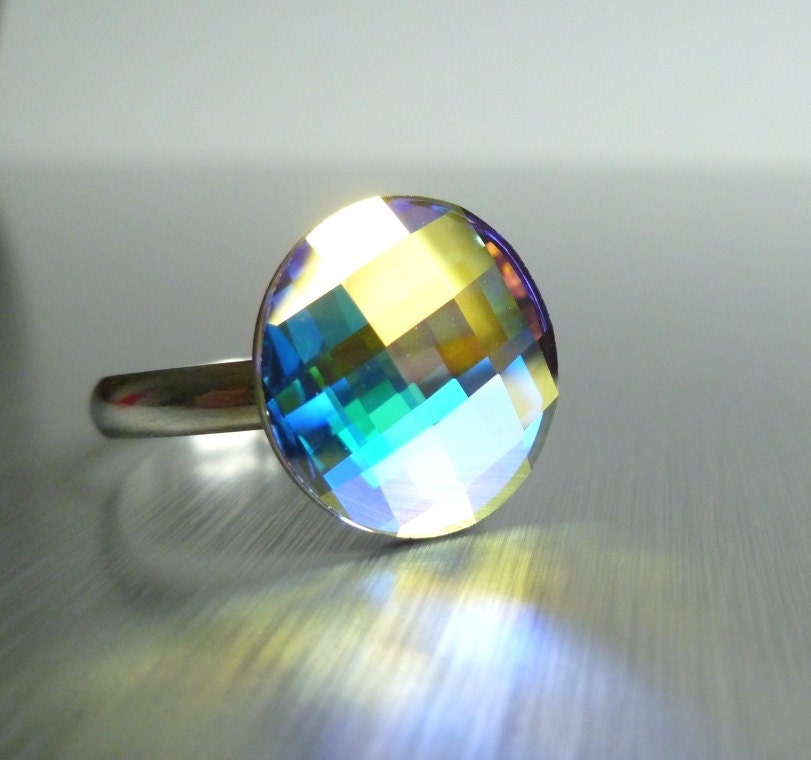 Crystal Opal Ring - Swarovski crystal adjustable silver plated band - round cocktail clear facet cut with AB finish sparkle - ConstantBaubling