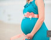 AUBREY - Maternity Sash Belt - Coral Flowers on Coral Satin Bridal Sash