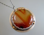 Swirly Red Round Agate Necklace Pendant set in Sterling Silver and Gold