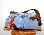 Slouchy Recycled Denim Purse, Deep Tones, Appliqued, Vintage fabrics, Handmade,