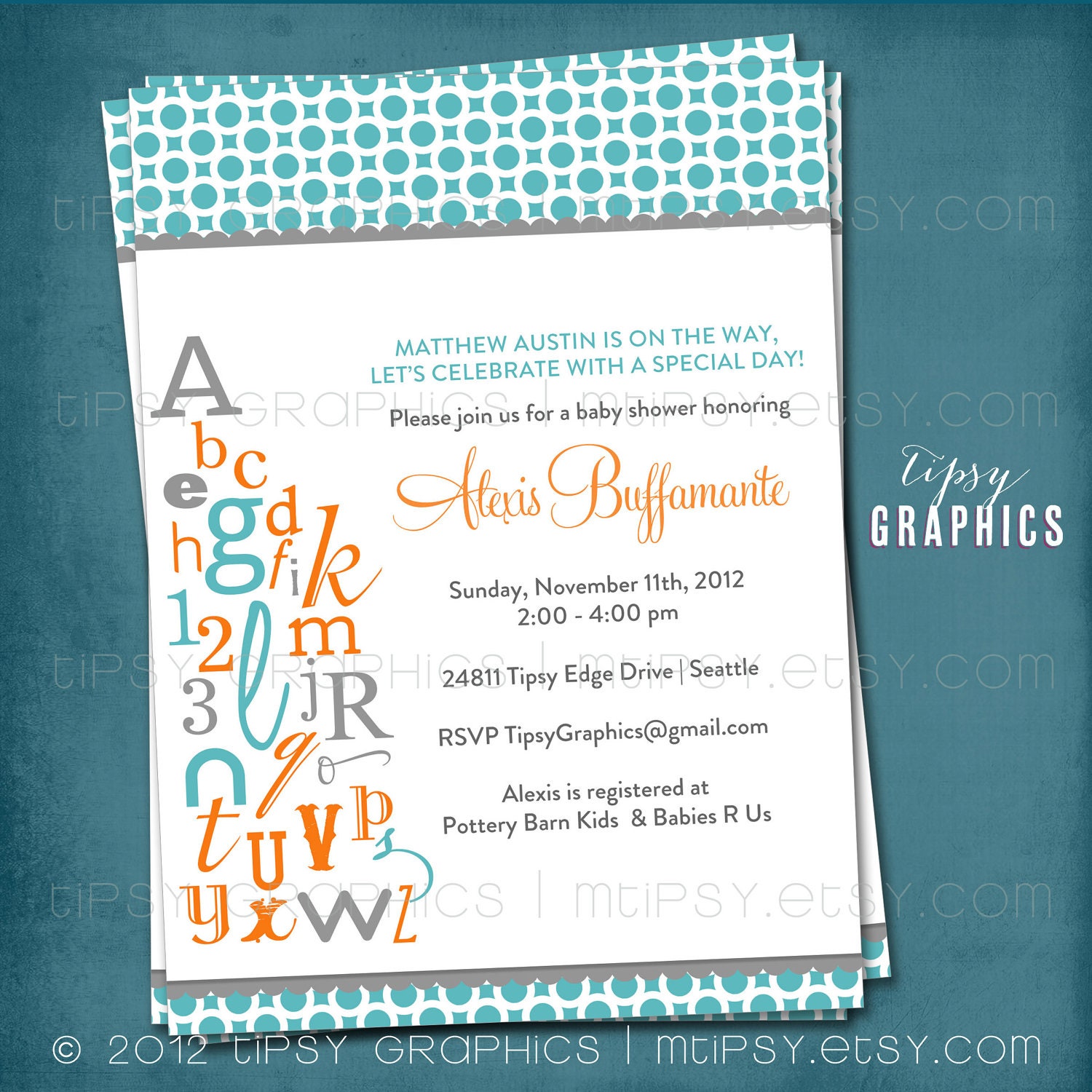 ABC Colorful Alphabet Baby / Bridal Shower Invitation. Bring a letter. Any colors and text by Tipsy Graphics Il_570xn
