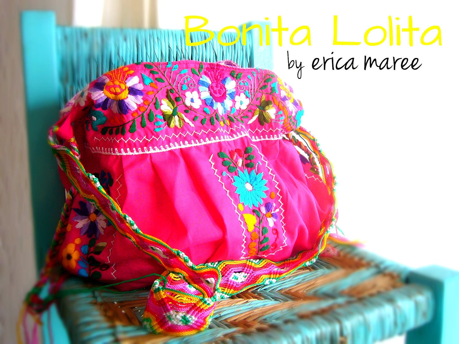 Mexican Embroidered Cross Body  Purse in Pink with Macrame Strap