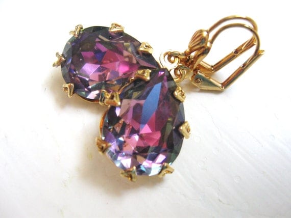 Swarovski Light Rose Vitrail in Gold - Estate Jewelry - Wedding Bridal Earrings - Pink Purple Rhinestones