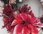 Peppermint Ruby Butterfly Red White Candy Can Wreath Berries & Poinsettia HOme Decor