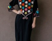 Vintage 1960's Black Caftan INDIAN  Tunic Dress RAINBOW ARABIA Anita Pallenberg Style