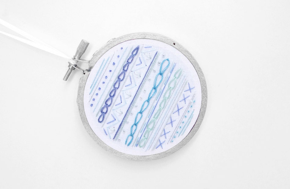 Embroidered Ornament in Frosted Silver, White, and Ice Blue - Embroidery Hoop Abstract Decoration in 3" Hoop, Home Decor