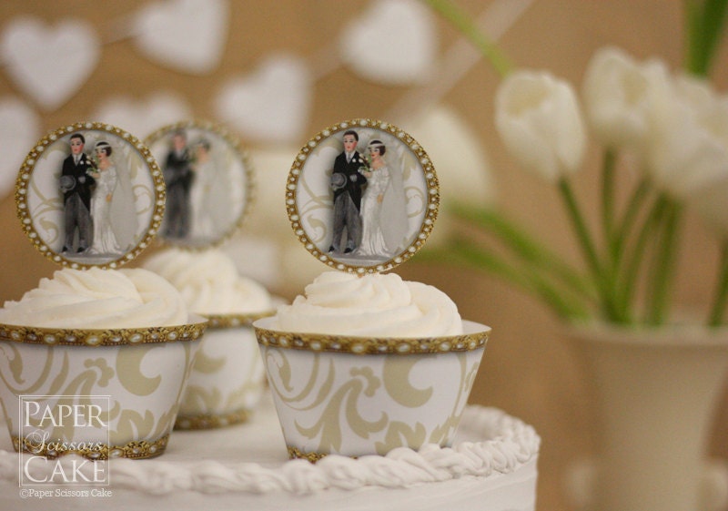 Forever, 1920s, 1930s Deco Wedding Topper Couple Printable Cupcake Topper And Wrapper Set - Simply Print, Cut, Assemble, Enjoy