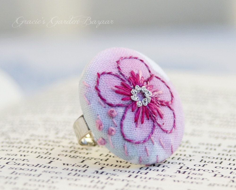 Hand Embroidered floral ring,adjustable,purple,turquoise,blue,OOAK,hand painted