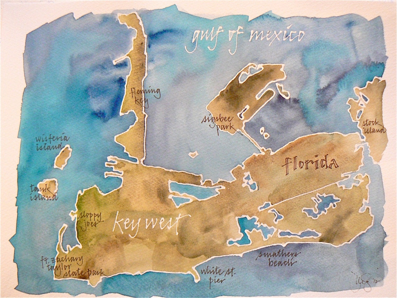 Key West, Florida map, original signed watercolor 9x12 painting