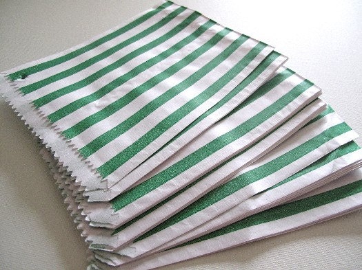 50, 5 X 7 GREEN Stripe Paper Bags / Candy Popcorn Party Favors Treat Bags