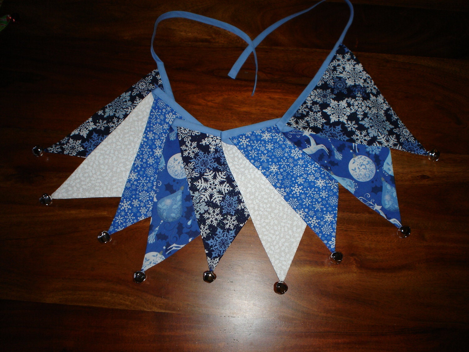 Christmas Banner with Silver Jingle Bells /Holiday Banner/ Winter Holidays / Fabric Bunting Banner / Garland / Photo Prop / Blue White