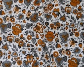Vintage Floral Print Cotton Fabric, Gray and Orange or Gold, 3 yards, Retro, Flower