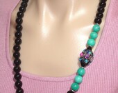 ASHIRA Stunning Black Onyx, Seafoam Green Jade with Custom Made Lampwork Statement Bead 20mm x 32mm Statement Necklace