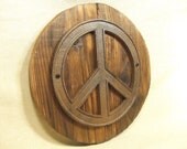 Rustic Cast Iron Hippie peace sign. Sign  -- lodge cabin decor -- reclaimed western cedar