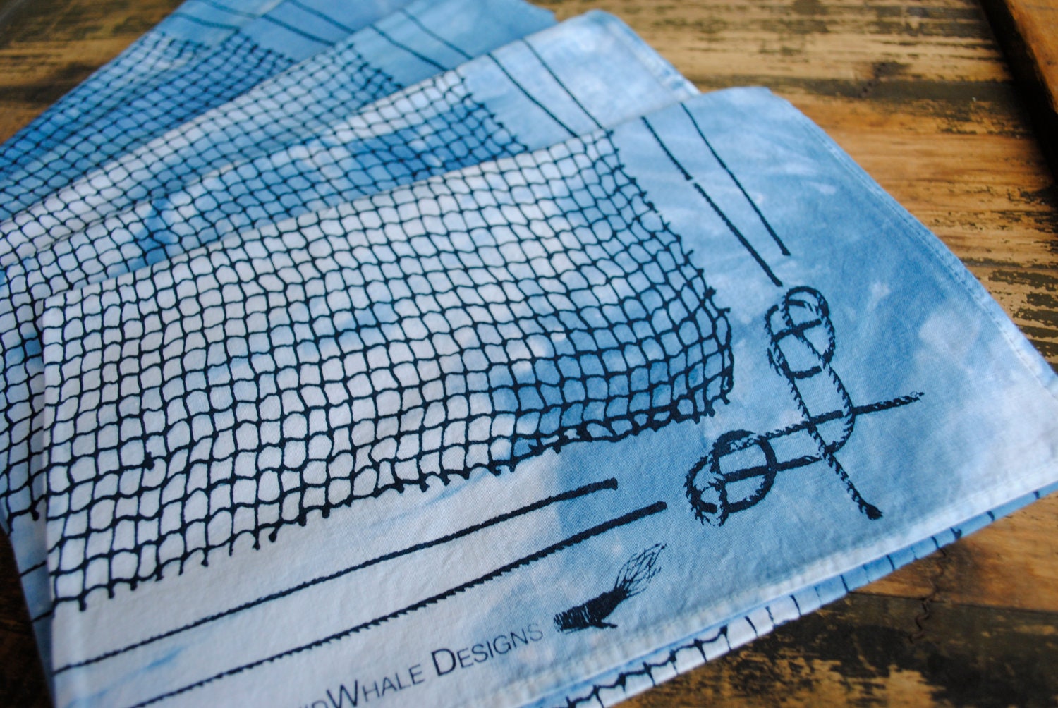 fisherman's knots & net print bandana - natural indigo-dyed screen printed