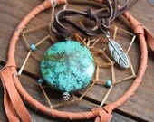 Native Americam/Bohemian Brown deerskin leather necklace,Southwestern,tribal,large African Turquoise stone pendant,Unisex necklace