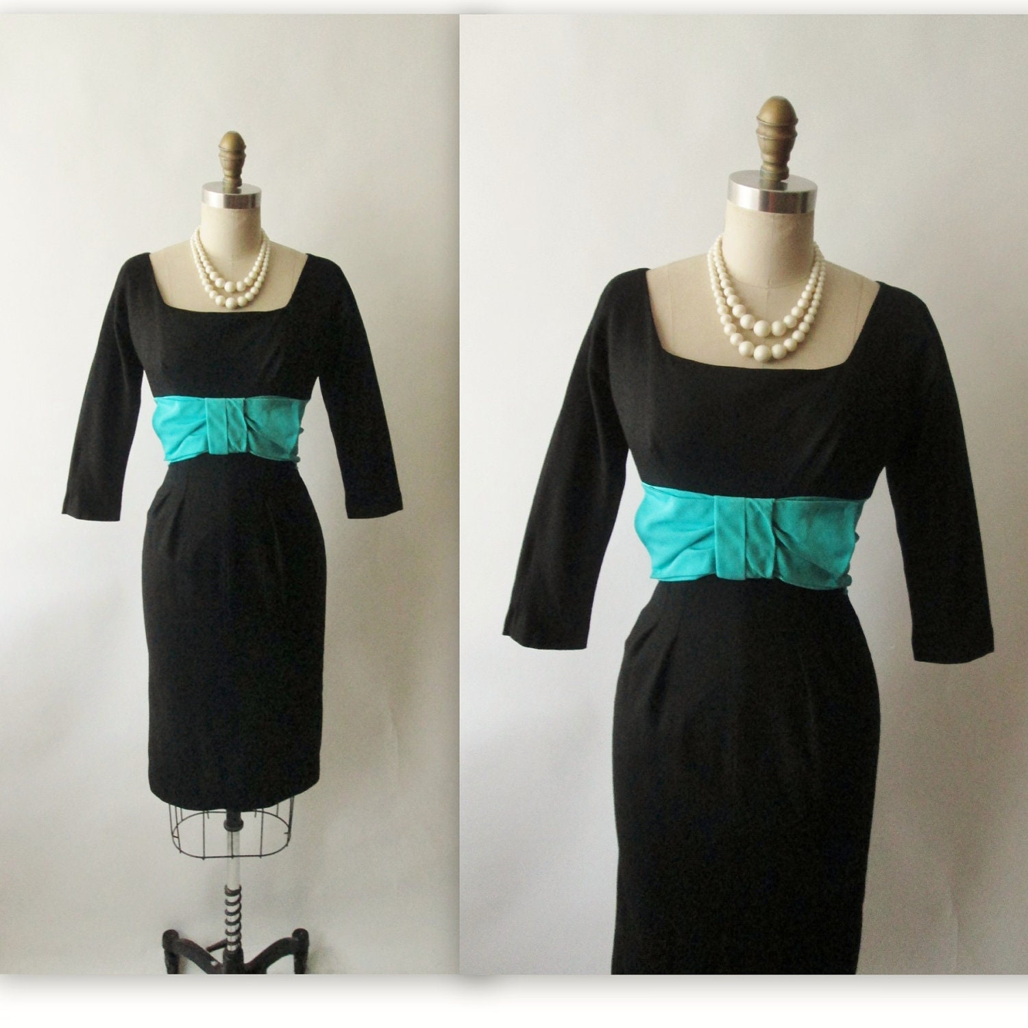 50's Cocktail Dress  // Vintage 1950's Black Wool Fitted Cocktail Party Dress XS