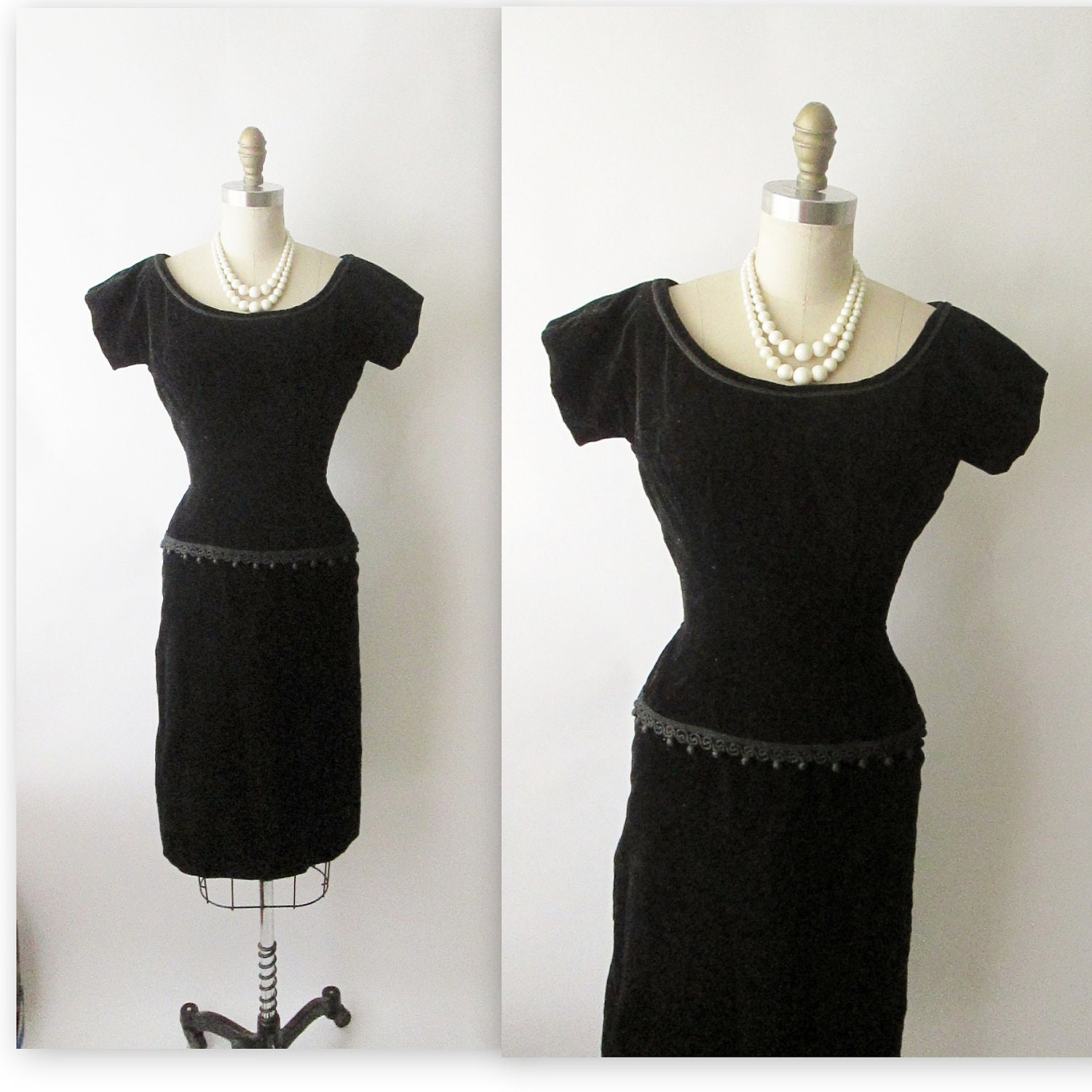 50's Wiggle Dress // Vintage 1950's Black Velvet Cocktail Party Wiggle Dress S