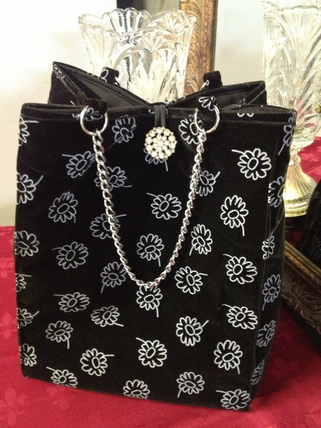 Josie's- Formal-Black Velvet Flocked - Silver Chain Wristlet Quilted Market Tote Bag/Purse w/Rhinestone Button/Studs on Bottom,Plus Pockets