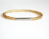 Gold Seed Bead & Silver Tone Bar Stretch Bracelet Bohemian Jewelry
