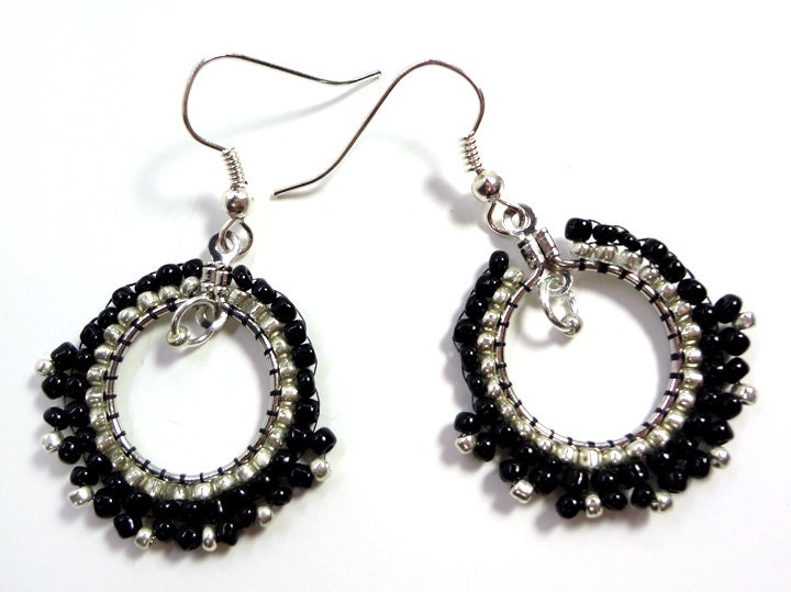 Black and Silver Dangle Beaded Earrings with hooks or Clip ons