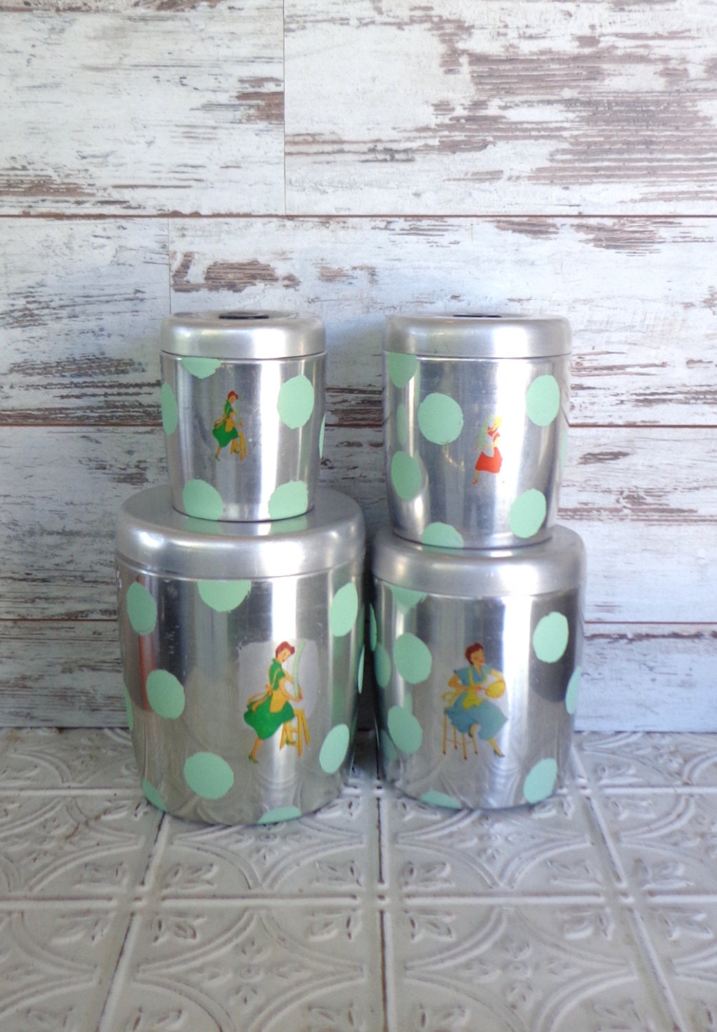 Vintage Metal West Bend Canister Hand Painted Jadeite Polka Dots with Black Knobs Fifties Retro Housewife Rockabilly Jadite