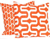 MEMORIAL DAY SALE Decorative Throw Pillow Covers New 20 x 20 Bright Orange on White Pair of Two Geometric Prints