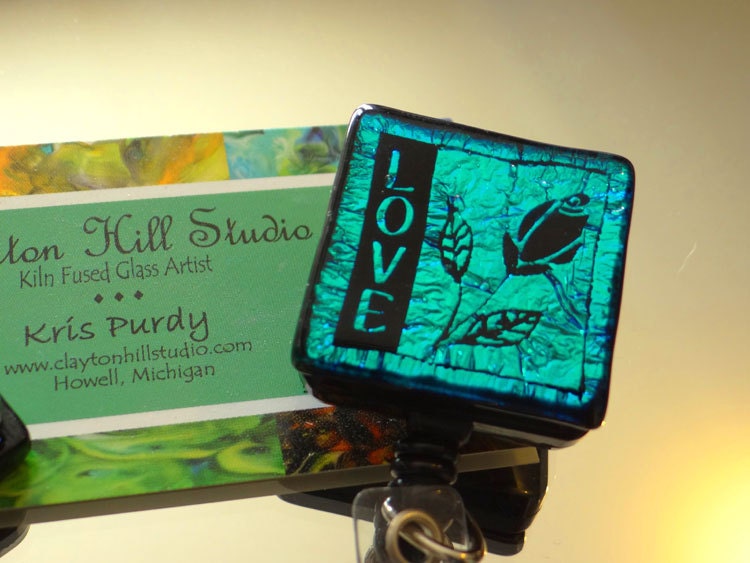 Fused Glass ID Badge Reel - Rose Love
