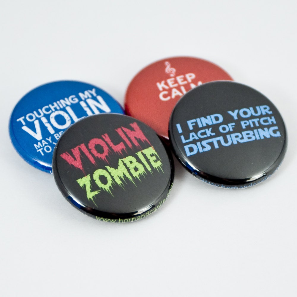 Violin Zombie plus three other music buttons or magnets - size one inch