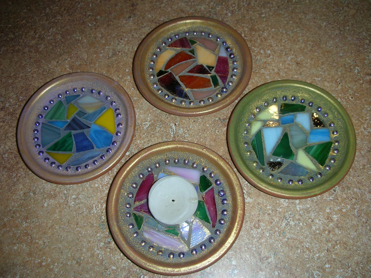 Mosaic coasters or tea light candle holders, set of four.