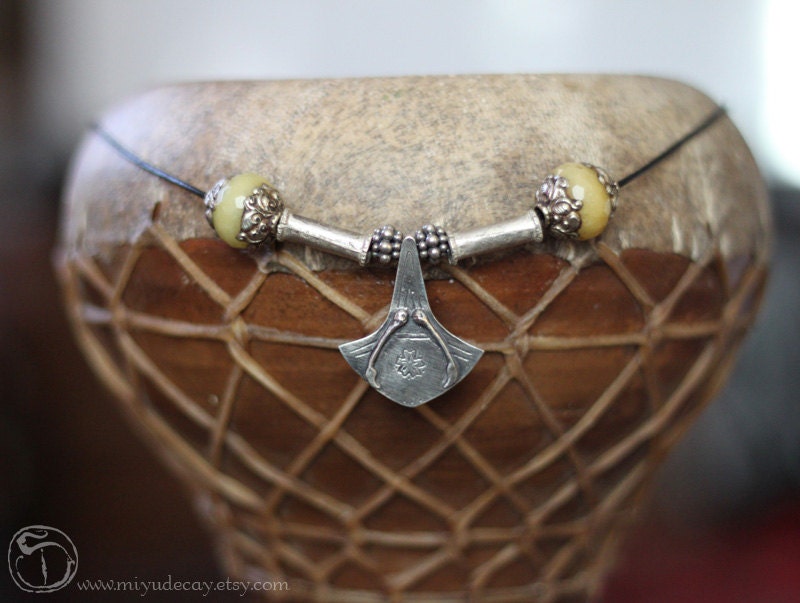 One of a Kind Sterling Palmier Necklace with Yellow Tibetan Beads